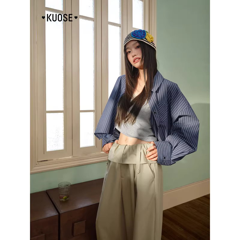 KUOSE 쿠오세 딥블루 루즈핏 스트라이프 크롭 긴팔 셔츠 재킷 - 상세 이미지 4
