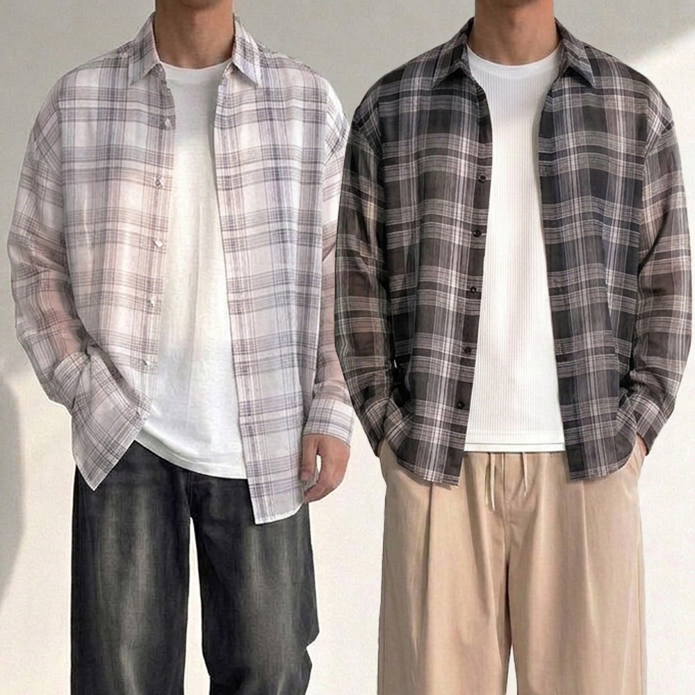 남자여름남방 남자여름긴팔남방 남자린넨셔츠 남성체크셔츠 - 상품 이미지
