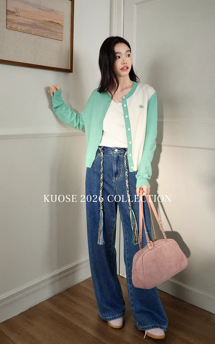 KUOSE 쿠오세 블루 자수 와이드 스트레이트핏 청바지 - 상품 이미지