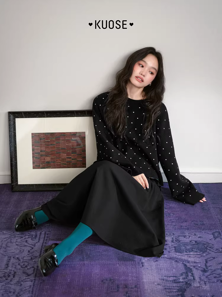 KUOSE 쿠오세 여성 아카데미룩 체크 배색 A라인 플레어 롱스커트 - 상품 이미지