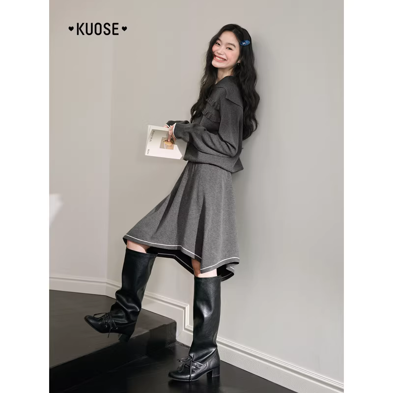 KUOSE 쿠오세 그레이 불규칙 카라 비대칭 롱 원피스 - 상세 이미지 3