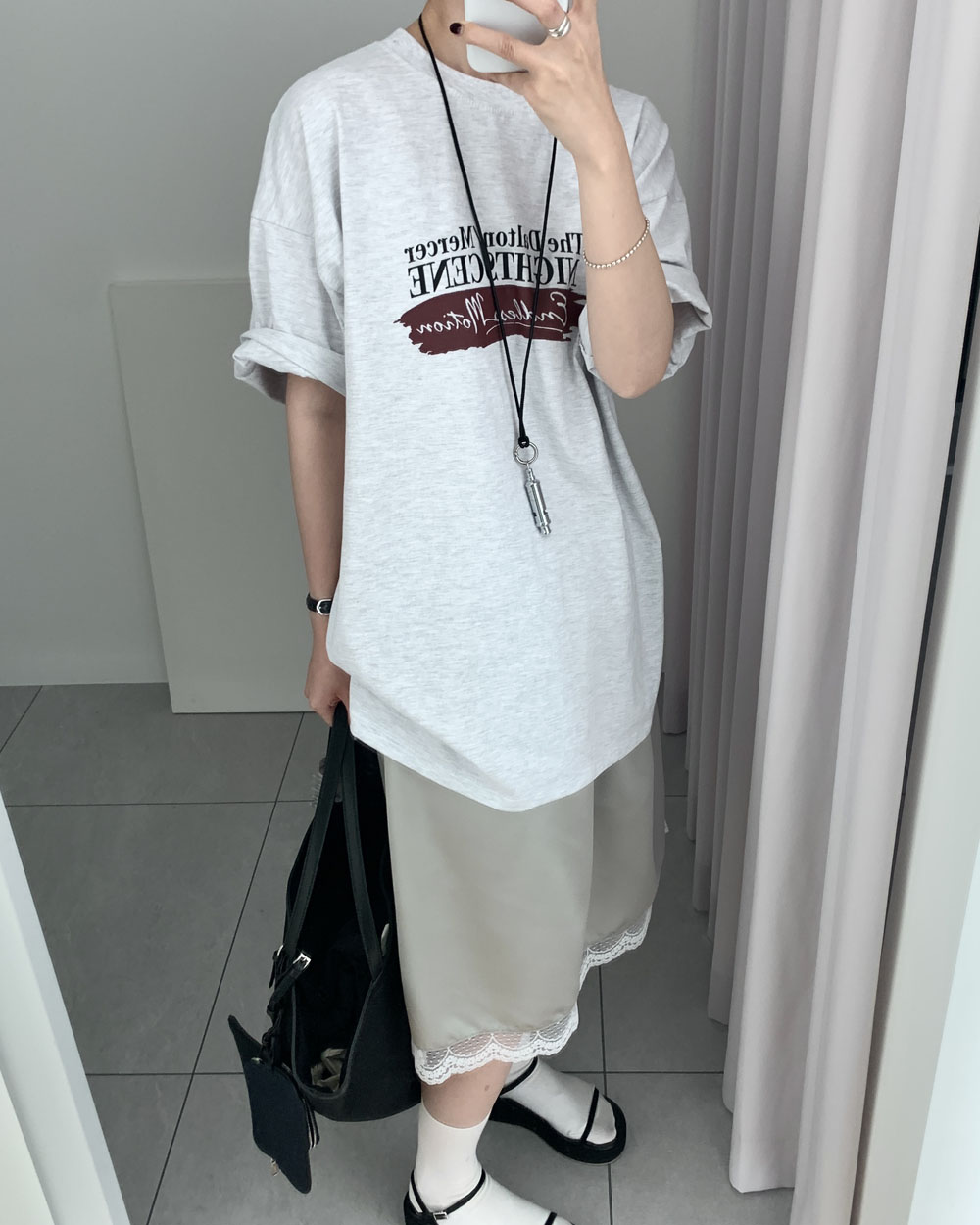 [일부당일] 썸머 모션 반팔티 팔뚝커버 빈티지 프린트 롱 오버핏 루즈핏 5부티 웨어링무드 (4c) - 상세 이미지 5