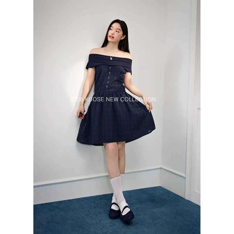 KUOSE 쿠오세 네이비 오프숄더 페이크투피스 A라인 원피스 - 상세 이미지 5