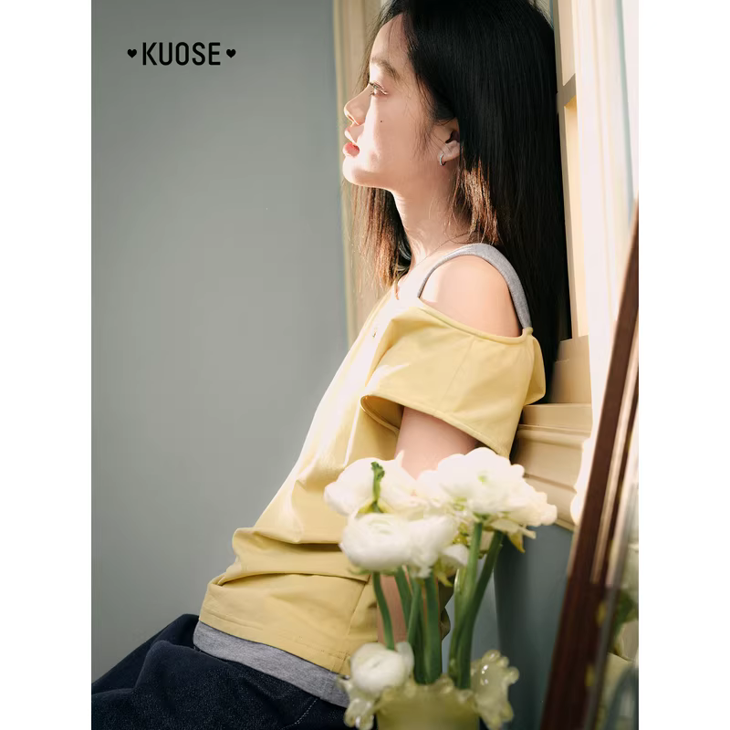 KUOSE 쿠오세 봄 언밸런스 오프숄더 레이어드 반팔 티셔츠 - 상세 이미지 3