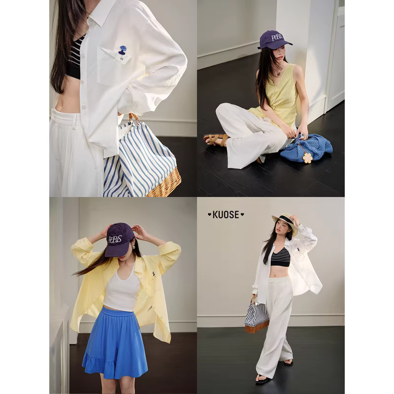 KUOSE 쿠오세 봄 여름 여성 셔츠 재킷 와이드 팬츠 세트 - 상세 이미지 4