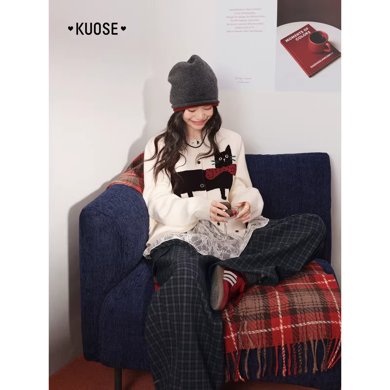 KUOSE 쿠오세 여성 레트로 다크블루 체크 와이드 팬츠 - 상세 이미지 3