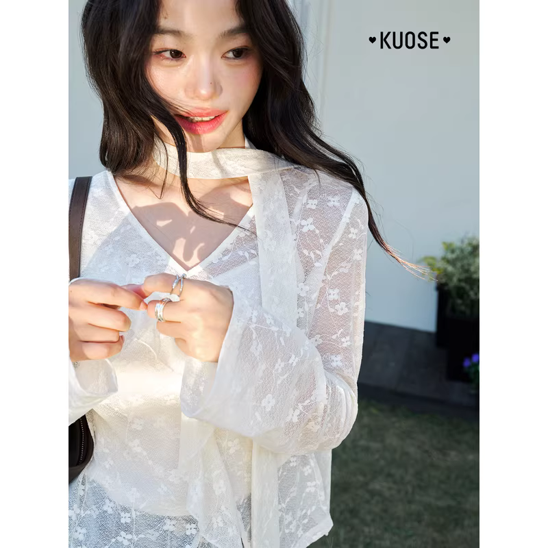 KUOSE 쿠오세 아이보리 긴팔 레이스 블라우스 슬리브리스 투피스 세트 - 상세 이미지 5