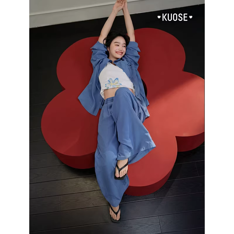 KUOSE 쿠오세 봄 여름 여성 셔츠 재킷 와이드 팬츠 세트 - 상세 이미지 5