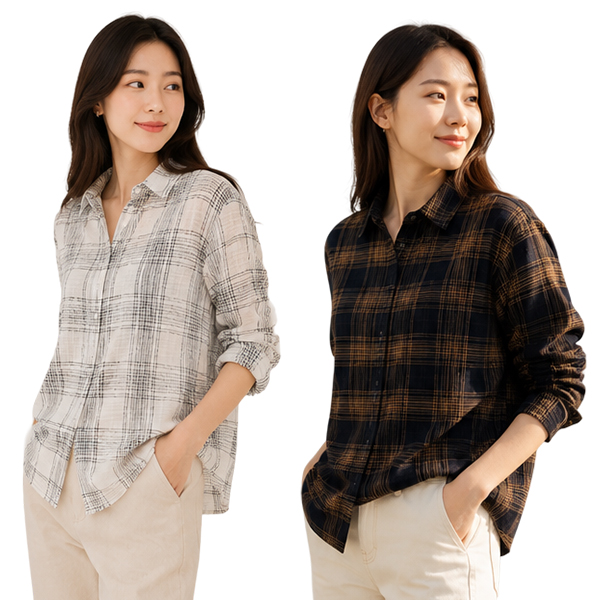 장바9니 여름 냉감 루즈핏 7부 체크 쉬폰 여성 블라우스 카라 셔츠 - 상품 이미지
