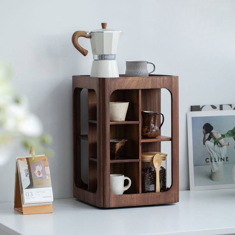 원목 회전형 4단 컵정리대 월넛 머그컵 수납선반 4단 월넛 회전형 28x28x42cm 1개 - 상품 이미지