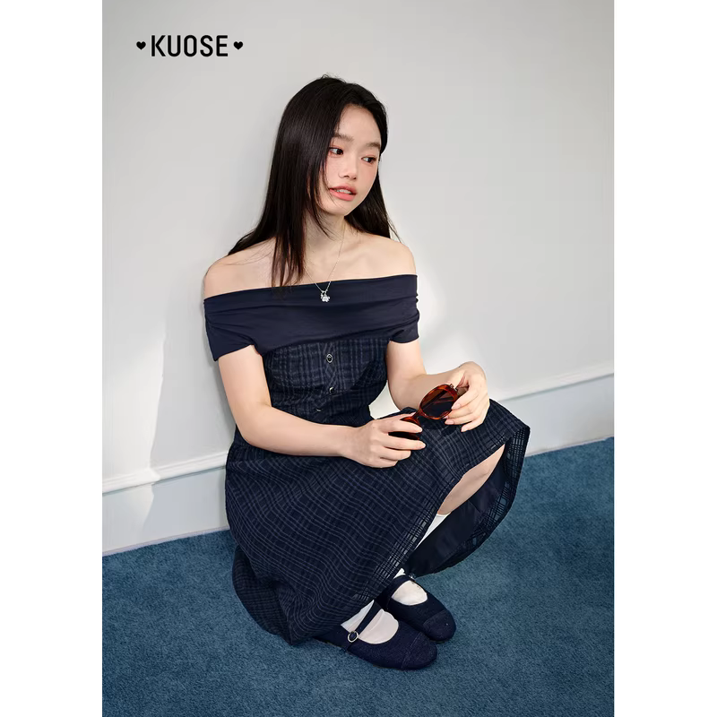 KUOSE 쿠오세 네이비 오프숄더 페이크투피스 A라인 원피스 - 상세 이미지 3