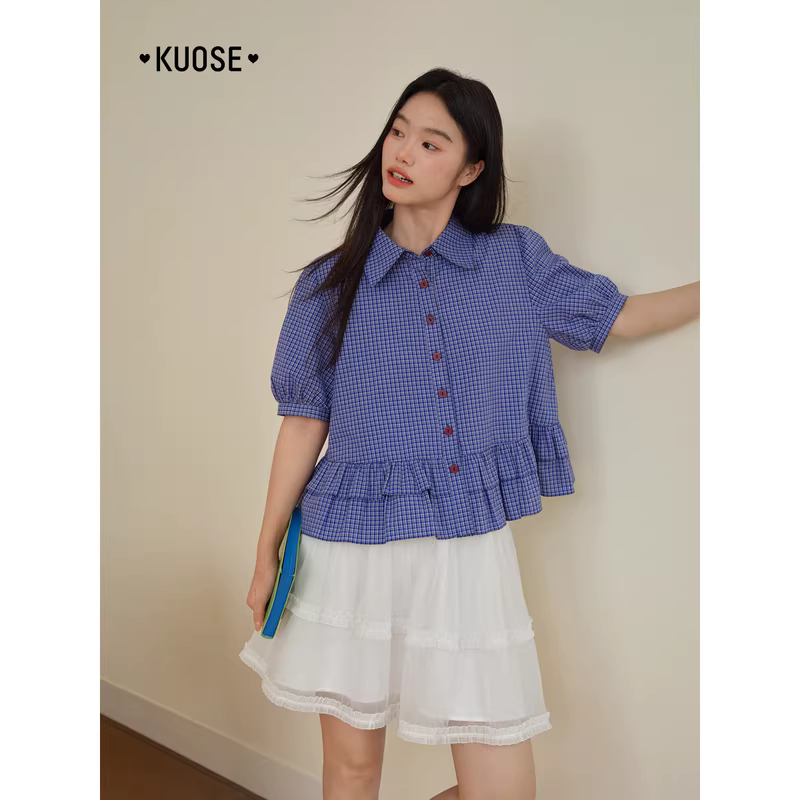 KUOSE 쿠오세 블루 체크 퍼프소매 크롭 셔츠 - 상세 이미지 3