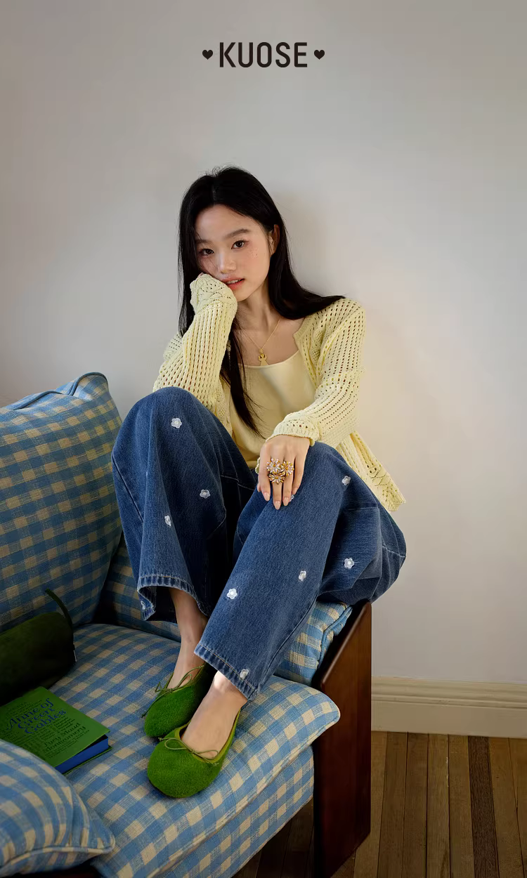 KUOSE 쿠오세 블루 플라워 자수 와이드 데님 팬츠 - 상품 이미지