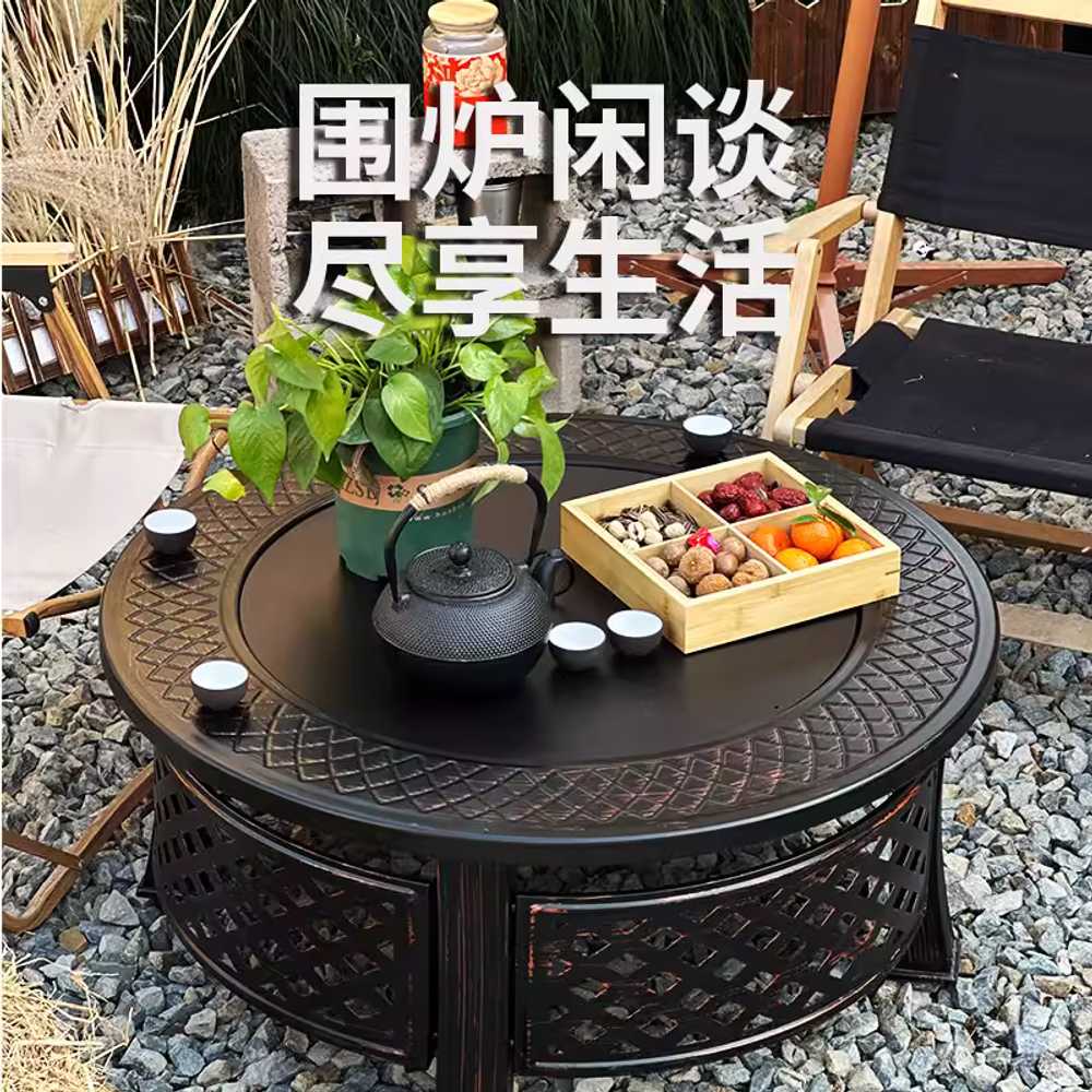 화로 테이블 난로 우드 화로대 바베큐 캠핑 숯불 원형 난로대 세트 - 상세 이미지 2