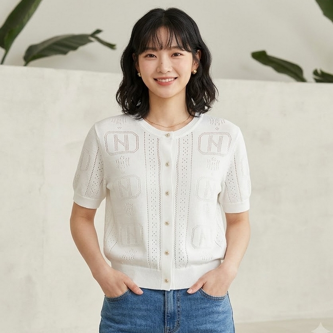 헤지스골프 여성 여름 로맨틱 에어리 펀칭 골프 니트 반팔 가디건 - 상품 이미지