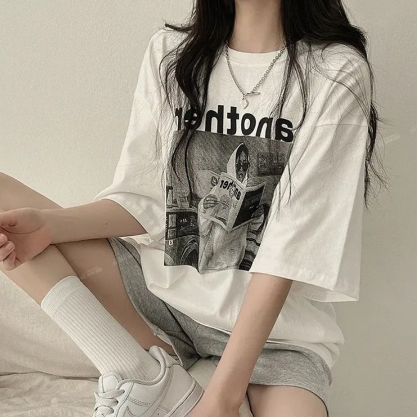 여성 여름 데일리 어나더 프린팅 루즈핏 반팔 티셔츠 - 상세 이미지 3