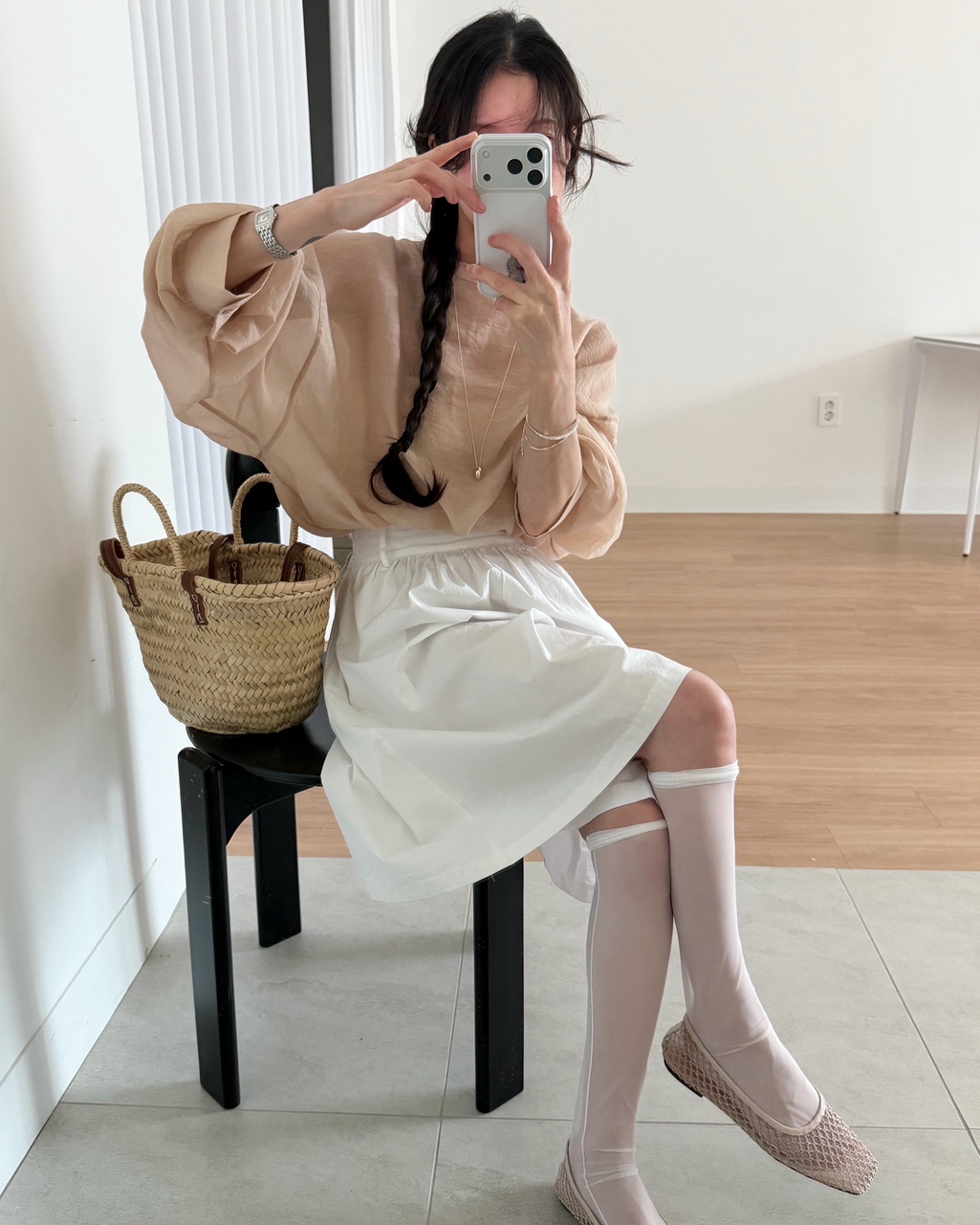 네이버 프가 여성 여름 라운드 투웨이 시스루 루즈핏 오버핏 벌룬 긴팔 블라우스