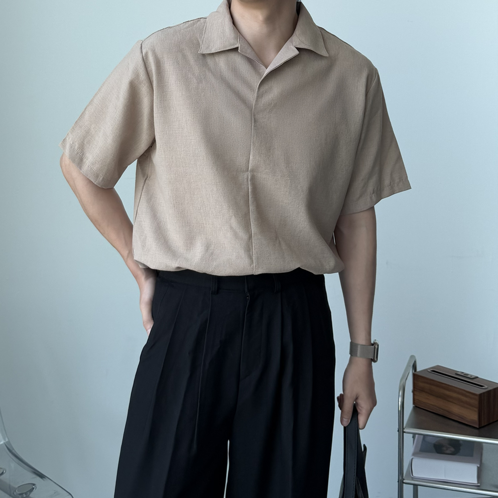남자 반팔 셔츠 오버핏 오픈카라 여름 쿨 반오픈 남방 남성 셔츠 - 상세 이미지 4