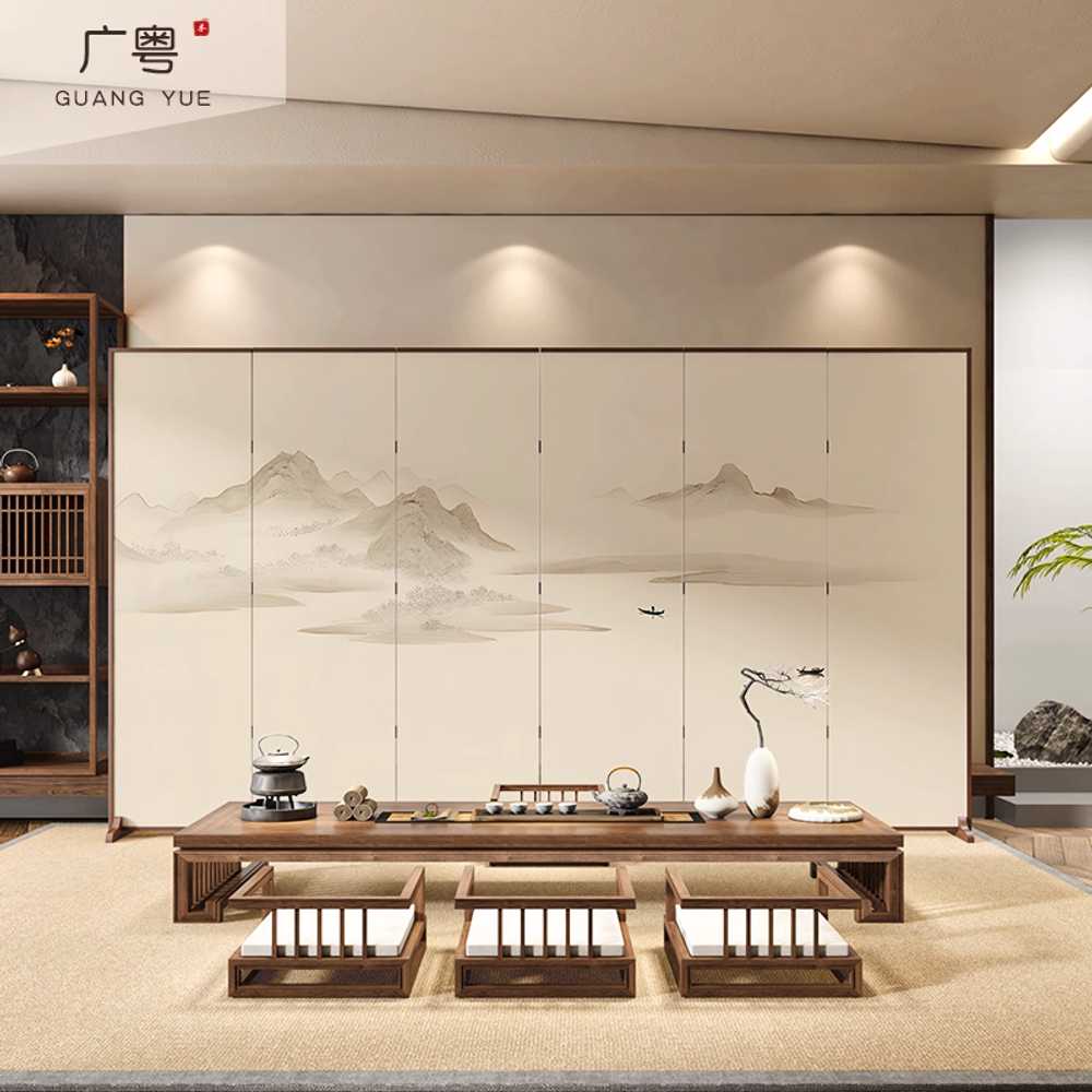 병풍 나무 풍경화 수묵화 서예 전통 레스토랑 파티션 40x180 월넛 - 상세 이미지 4