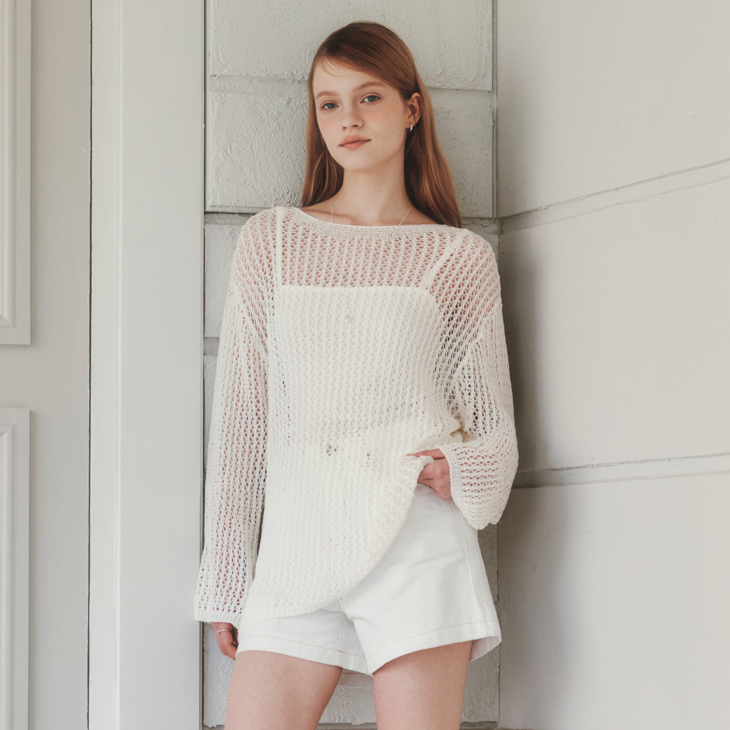 [제로스트릿] 백 포인트 스카시 니트 BACK POINT SKASHI KNIT / IVORY - 상품 이미지