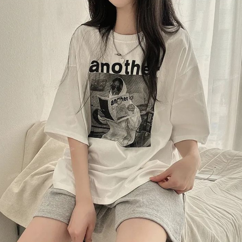 여성 여름 데일리 어나더 프린팅 루즈핏 반팔 티셔츠 - 상세 이미지 5