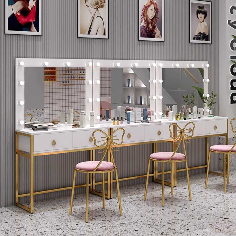 메이크업 화장대 보관 미용실 헤어 뷰티샵 거울 서랍 화이트 골드 프레임 60x40x165 - 상세 이미지 4