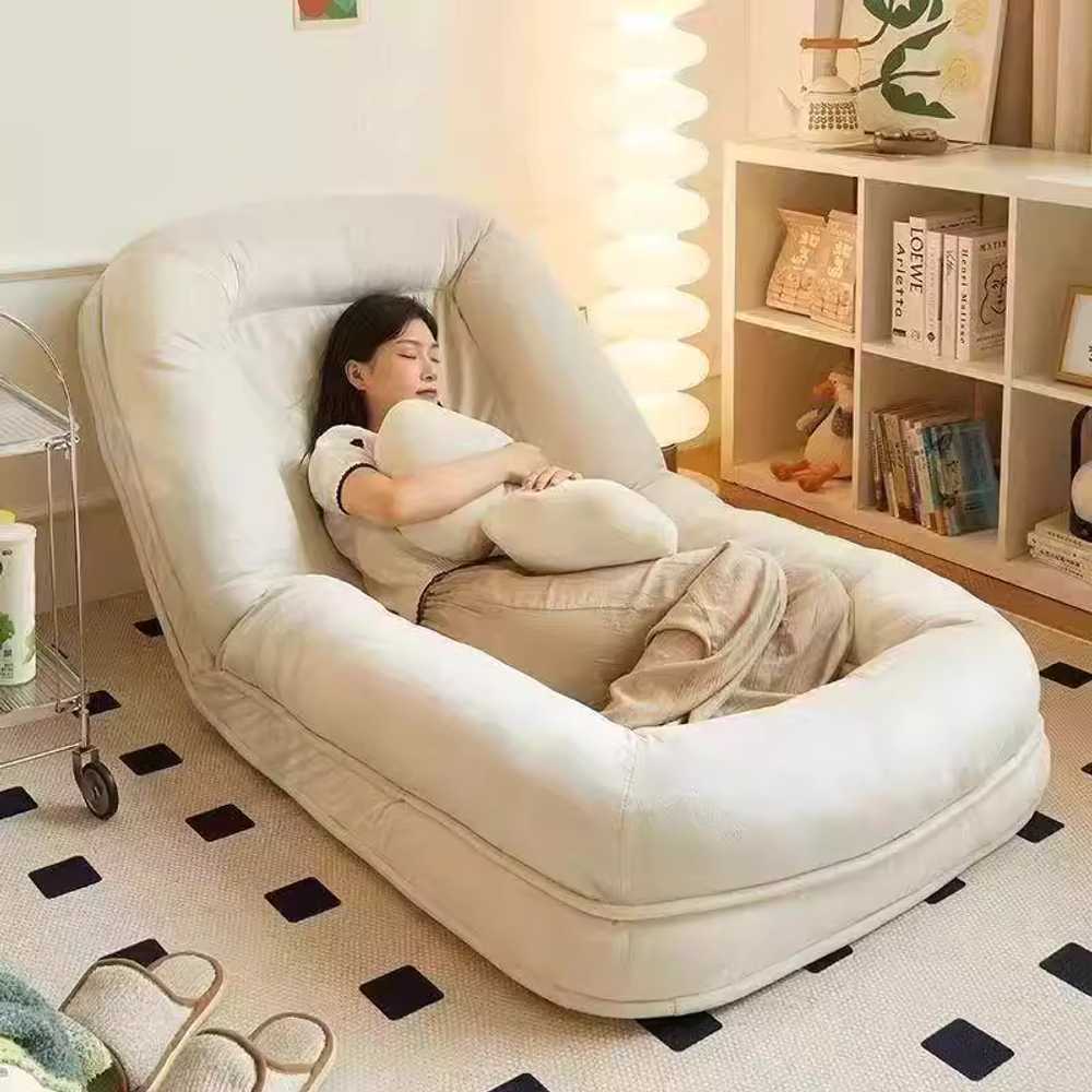 1인용 빈백 소파 인테리어 각도조절 쇼파 베드 원룸 178cm 베이지 벨벳 - 상세 이미지 2
