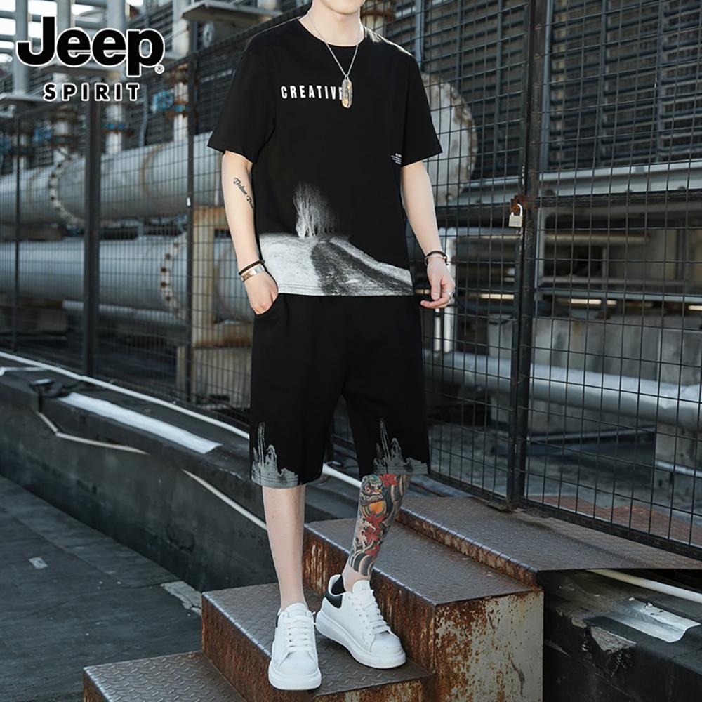 Jeep 지프 남성 트레이닝 세트 여름 얇은 반팔 티셔츠 캐주얼 반바지 시크룩 코디 남 - 상세 이미지 4