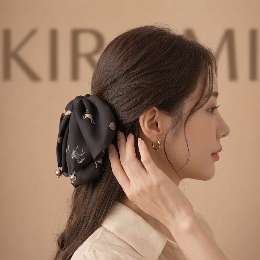 블랙 새틴 반묶음 왕리본핀 도트 클래식 포니테일 집게삔 - 상세 이미지 2