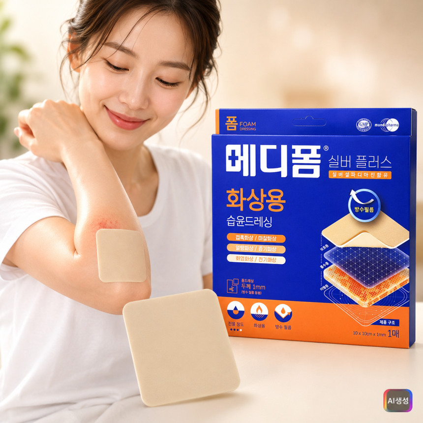 화상 메디폼 실버 사용법 교체시기 플러스 [10x10cm+방수필름 동봉] 두꺼운 폼드레싱
