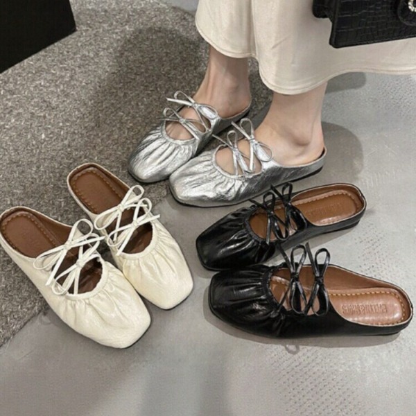 리본 여성 뮬슬리퍼 블로퍼 로퍼 슬리퍼 샌들 앞코 반슬리퍼 플랫 슈즈 실버 - 상품 이미지
