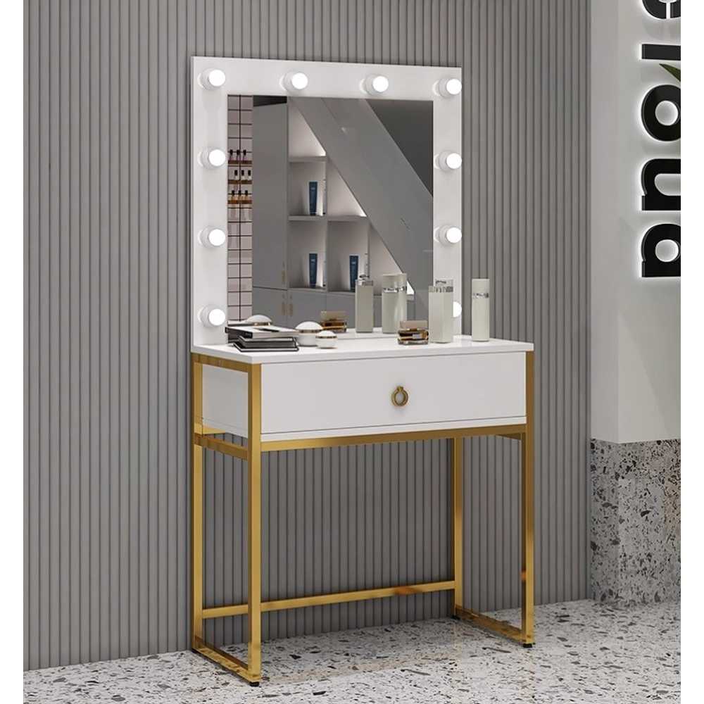 메이크업 화장대 보관 미용실 헤어 뷰티샵 거울 서랍 화이트 골드 프레임 60x40x165 - 상세 이미지 2