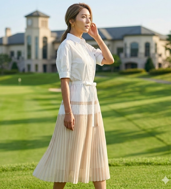 헤지스골프 여성 여름 플리츠 셔츠 배색형 캐주얼 골프 반팔 원피스 - 상세 이미지 4