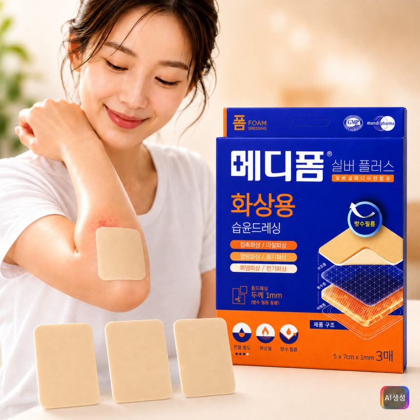 화상 메디폼 실버 플러스 습윤밴드 사용법 교체시기 5x7cm 두꺼운 폼드레싱
