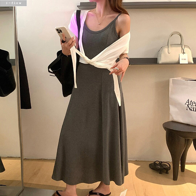 코더 면 나시 맥시 롱원피스 반팔 가디건 세트 2col 여름 볼레로 셋업 슬림 제이플로우 - 상세 이미지 2