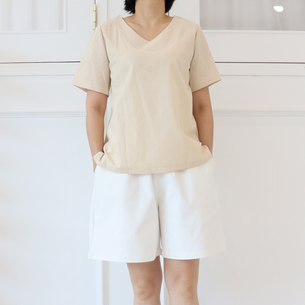 여름 시원한 브이넥 린넨 반팔 블라우스 55 66 무지 화이트 베이지 단아한 리넨 셔츠 - 상품 이미지