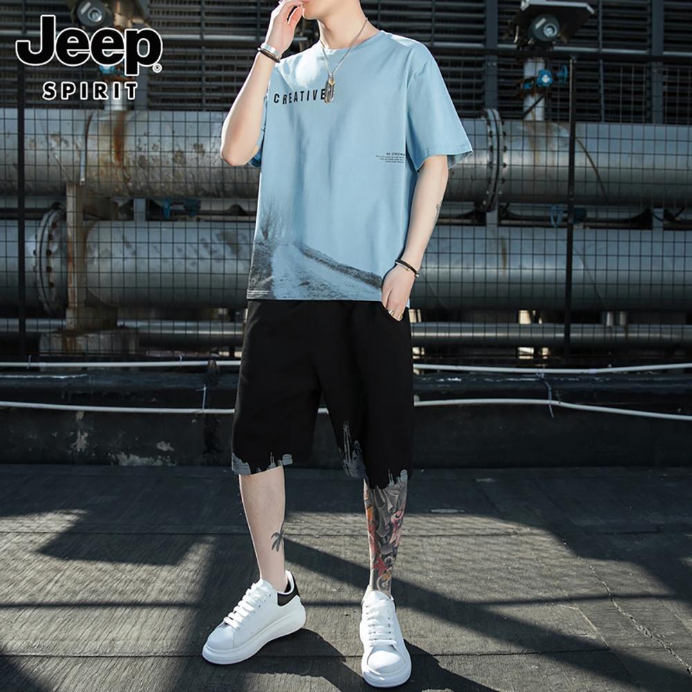 Jeep 지프 남성 트레이닝 세트 여름 얇은 반팔 티셔츠 캐주얼 반바지 시크룩 코디 남 - 상세 이미지 3