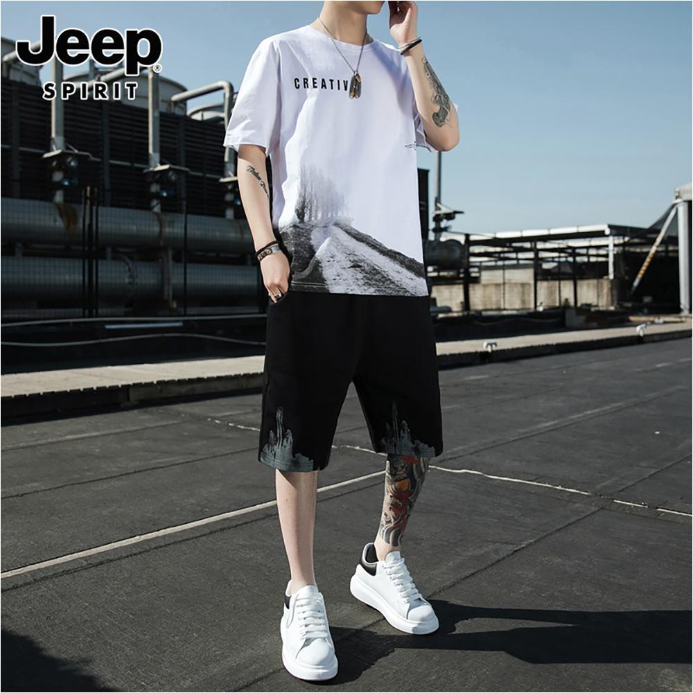 Jeep 지프 남성 트레이닝 세트 여름 얇은 반팔 티셔츠 캐주얼 반바지 시크룩 코디 남 - 상품 이미지