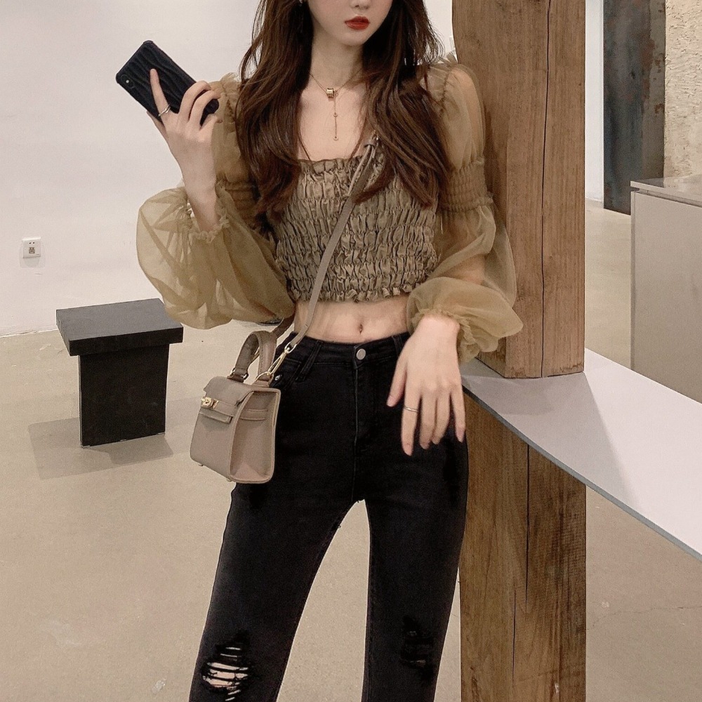 여성블라우스 여름 시스루 레이스 반팔 셔츠 남방 카키 XS - 상품 이미지