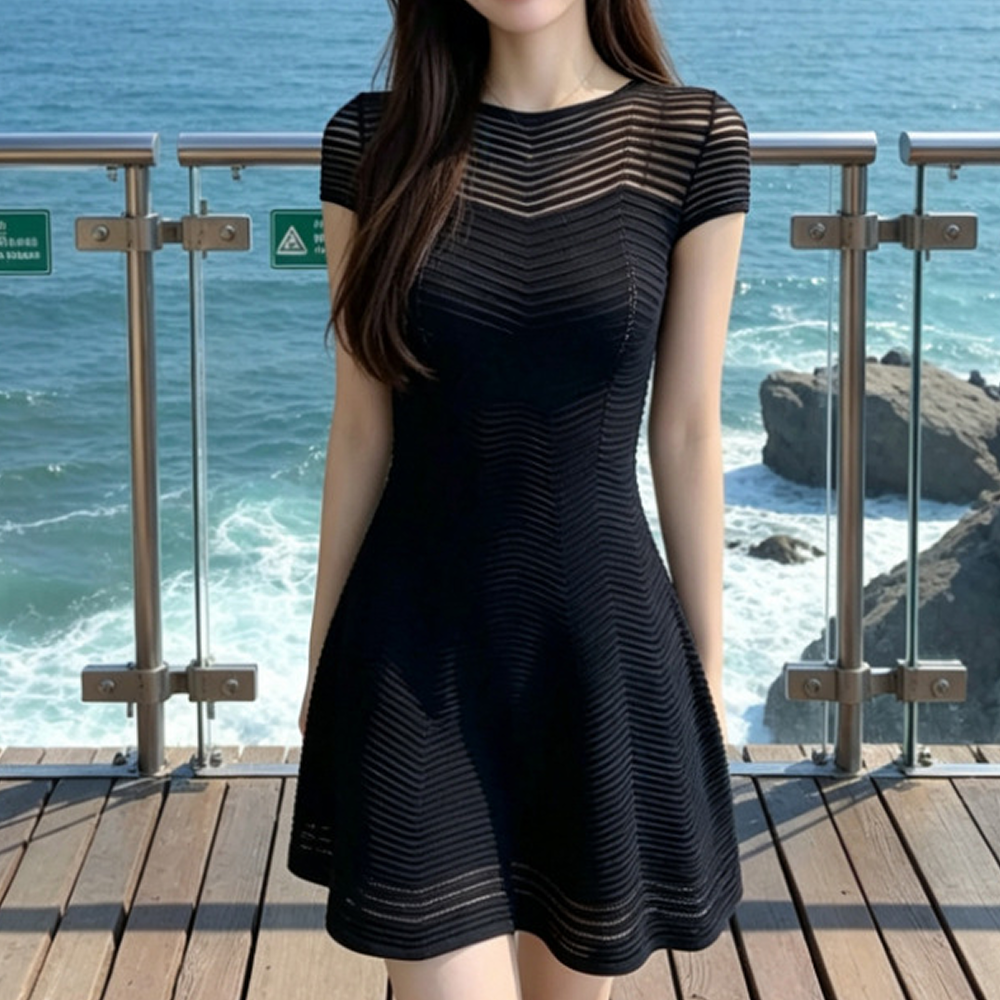 여성 여름 반팔 니트원피스 미니 아이보리 블랙 바캉스룩 룩킵 이미지 6