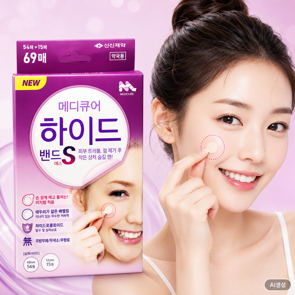 신신제약 메디큐어 하이드밴드S 69매 얼굴 상처 습윤밴드 여드름패치 - 메인 이미지