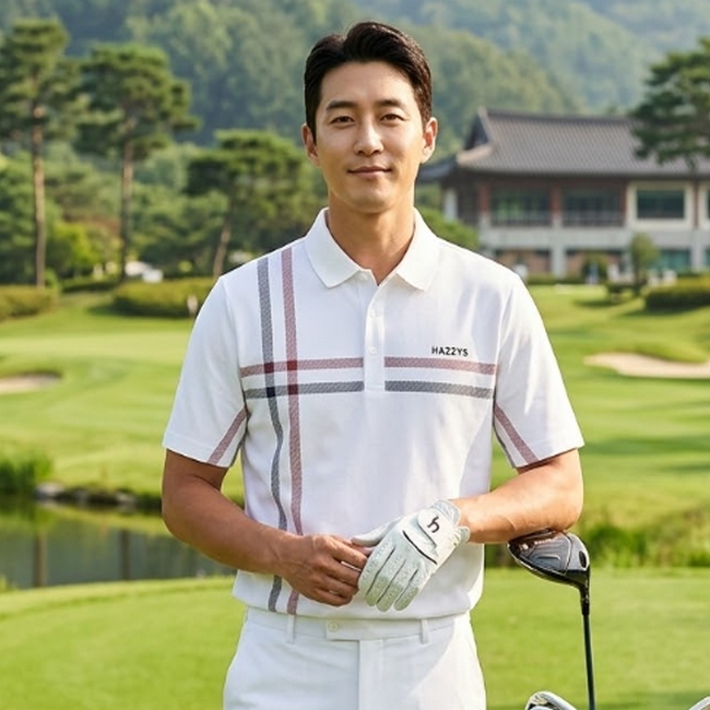헤지스골프 남성 여름 냉감 블루종 체크패턴 골프룩 카라 반팔티셔츠 - 상품 이미지