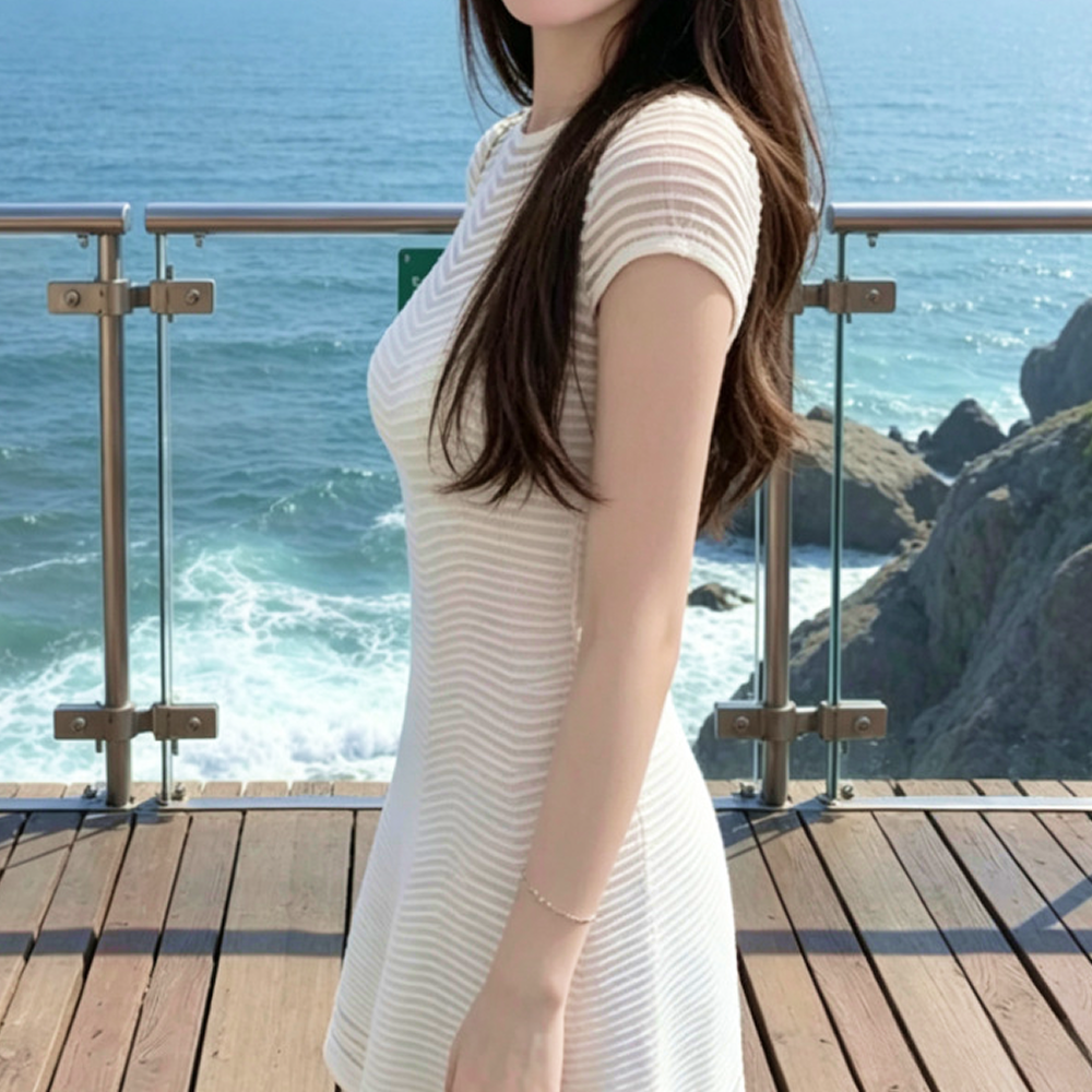 여성 여름 반팔 니트원피스 미니 아이보리 블랙 바캉스룩 룩킵 - 상세 이미지 2