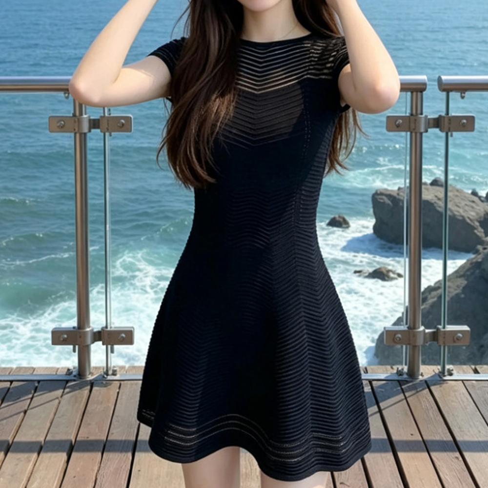 여성 여름 반팔 니트원피스 미니 아이보리 블랙 바캉스룩 룩킵 - 상세 이미지 5