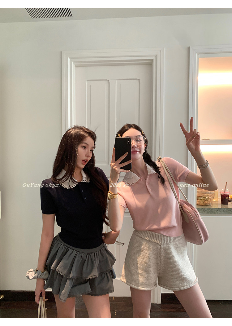 Ouyang 폴로카라 반팔티 레이스카라 여성반팔티셔츠 - 상세 이미지 3
