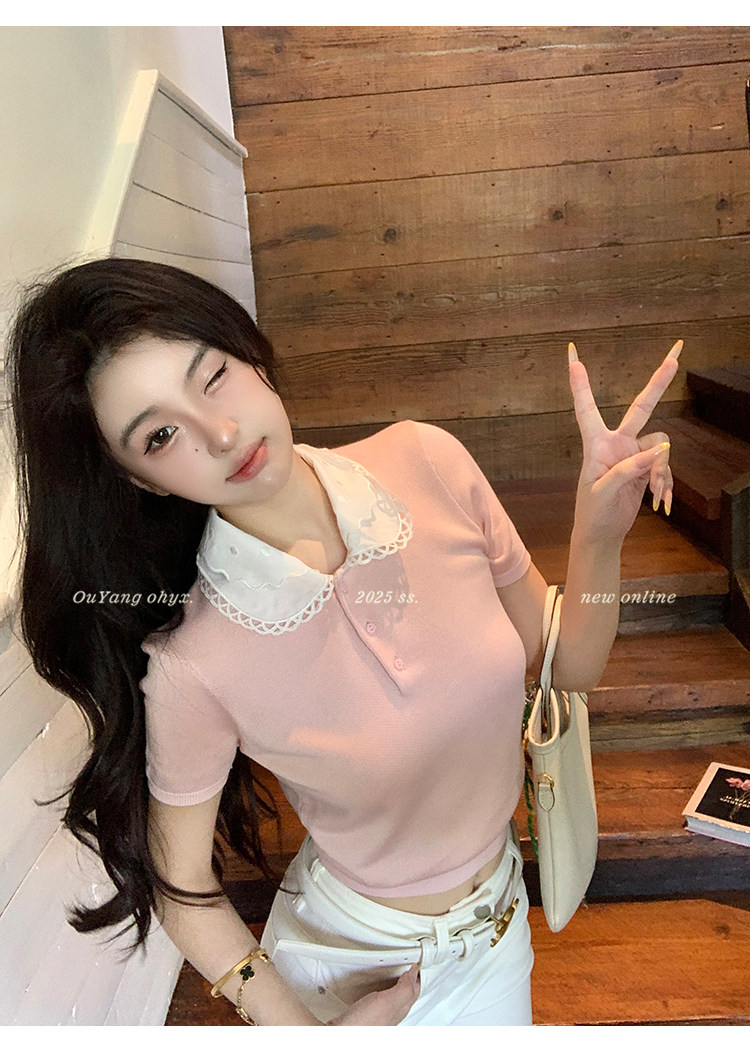 Ouyang 폴로카라 반팔티 레이스카라 여성반팔티셔츠 - 상세 이미지 2