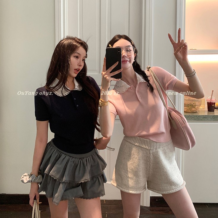 Ouyang 폴로카라 반팔티 레이스카라 여성반팔티셔츠 - 상품 이미지