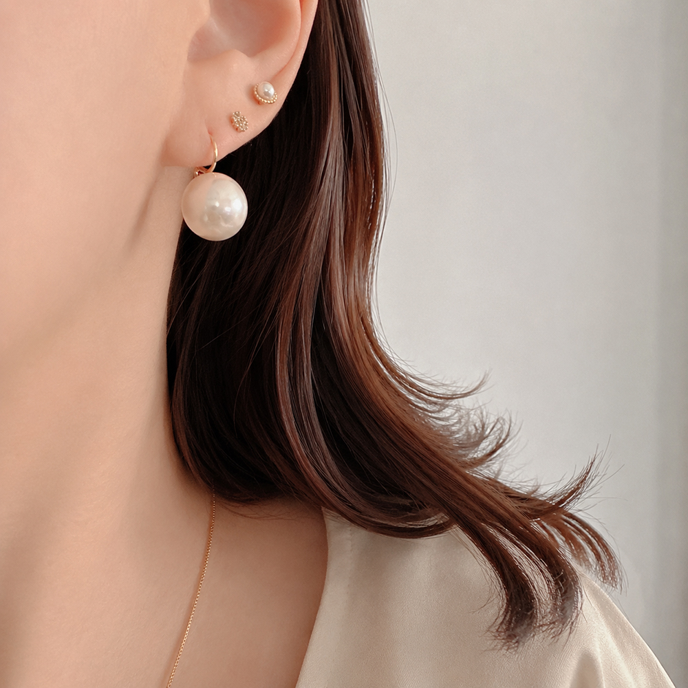 14K 화이트 핑크 왕 진주 드롭 귀걸이 12mm 이미지 7