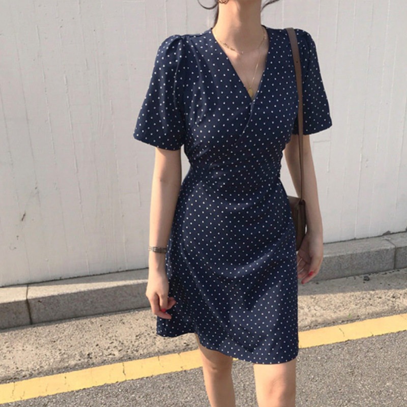 여성용 여름 폴카도트 V넥 반팔 A라인 원피스 프렌치 도트 무늬 드레스 네이비 - 상세 이미지 4