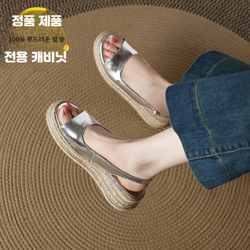 여성 웨지힐 샌들 오픈토 통굽 키높이 로마 피프토 플랫폼 슈즈 베이지 225 - 상세 이미지 3